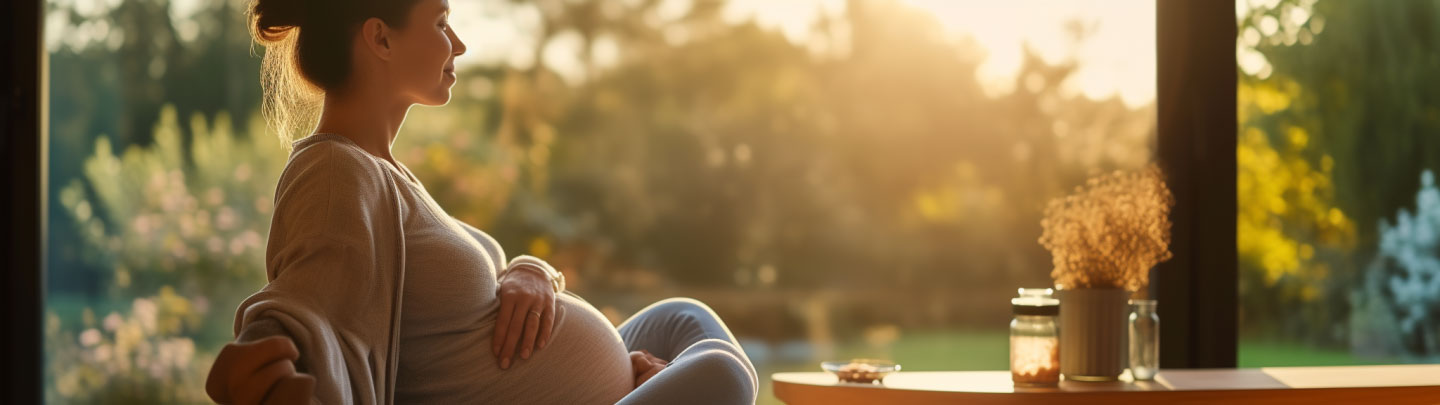 Pregnant woman relaxing at home with a jar of supplements, looking out at a peaceful garden